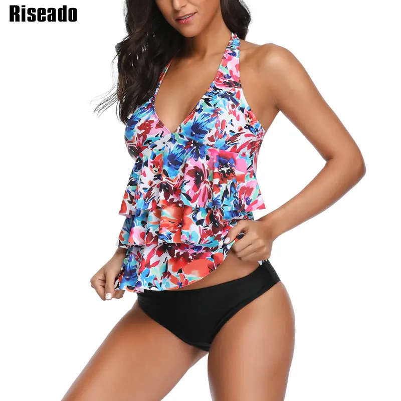 

Riseado 2019 Swimwear Women Sexy Ruffle Tankini Set Two Piece Swimsuit Floral Printing Halter Bathing Suits Summer Beachwear