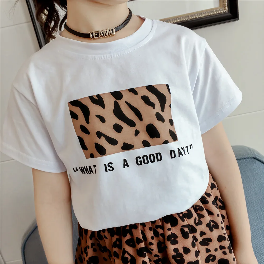 Fashion Children Clothing Set For Girls Clothes 2019 Summer Letter Tshirts Tops Leopard Chiffon Skirt 2Pcs Casual Kids Suit 3-9Y (3)