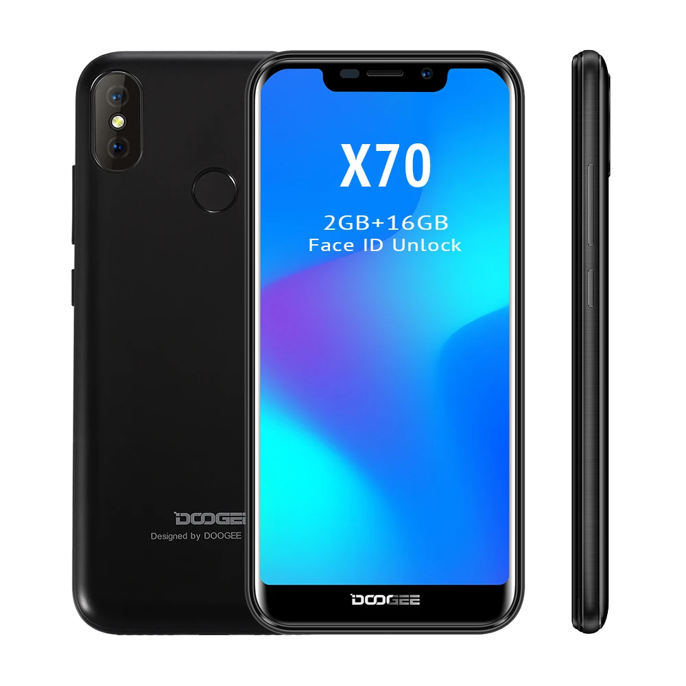 Смартфон DOOGEE X70 с функцией разблокировки лица 5,5 ''u-образная 19:9 MTK6580 четырехъядерный процессор 2 Гб ОЗУ 16 Гб ПЗУ Двойная камера 8,0 МП Android 8,1 4000 мАч