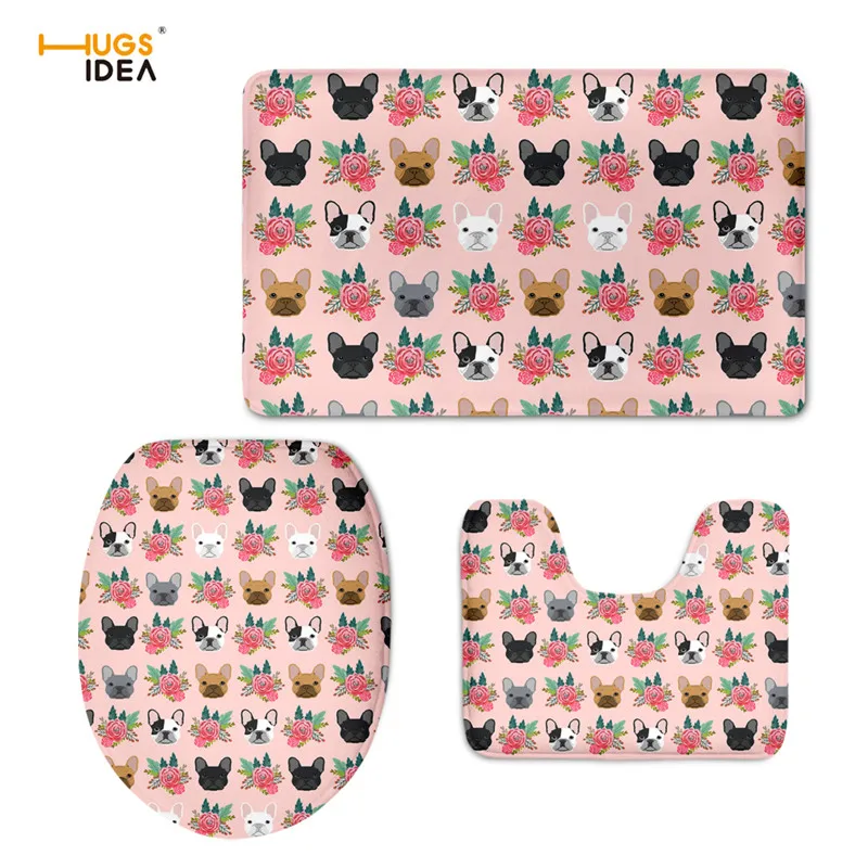 

HUGSIDEA French Bull Dog Floral Toilet Seat Cover Eco-friendly Overcoat Toilet Case 3PCS/Set Bathroom Decor Warmer Soft Carpets