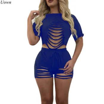 

Summer Cotton Women Two Piece Short Set Sexy Hollow Out Crop Top + Pants Short Sleeve Moletom Feminino Ensemble Drawstring