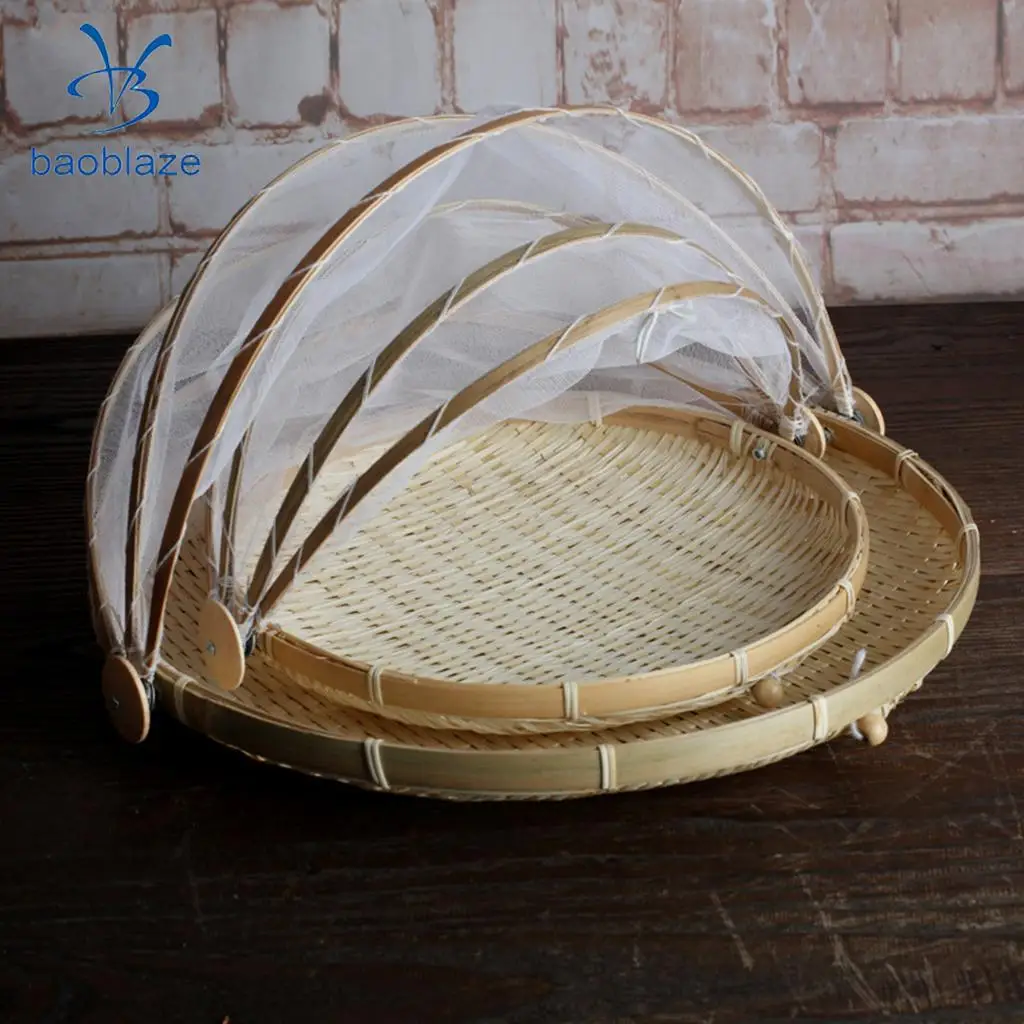 2xBamboo Tent Basket Serving Food Outdoor Picnic Pop Up Mesh Net Cover Round