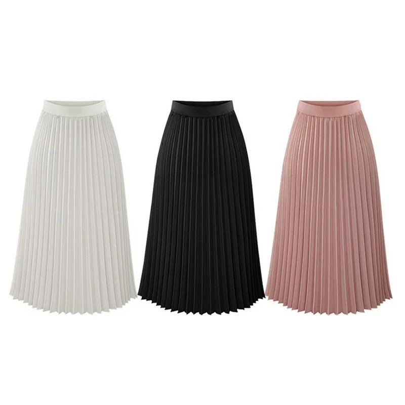 Fashion New Lady Women Summer Long Chiffon Skirt Elastic Waist Double Layer Midi Pleated Skirts