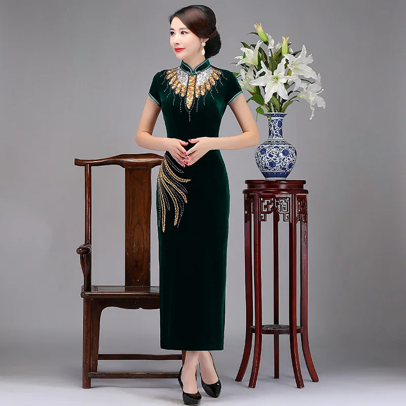 New Elegant Female Chinese Vintage Dress Floral Slim Velvet Mandarin Collar Long Qipao Cheongsam Plus Size Vestidos S-4XL