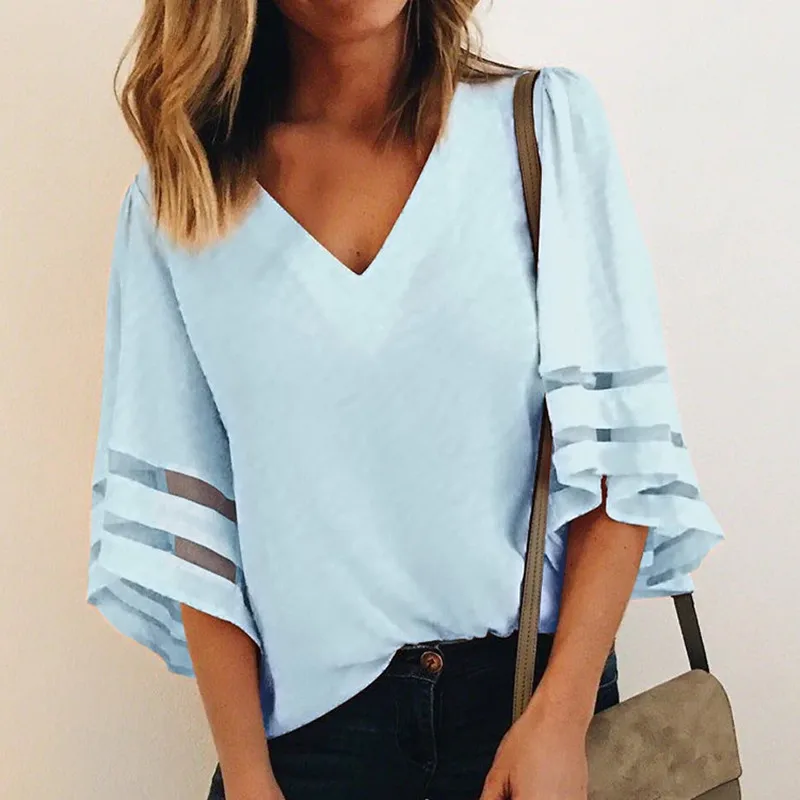 

4 Colors 2018 Summer Loose Flare Sleeve Shirts Women V-Neck Mesh Patchwork Casual Blouse