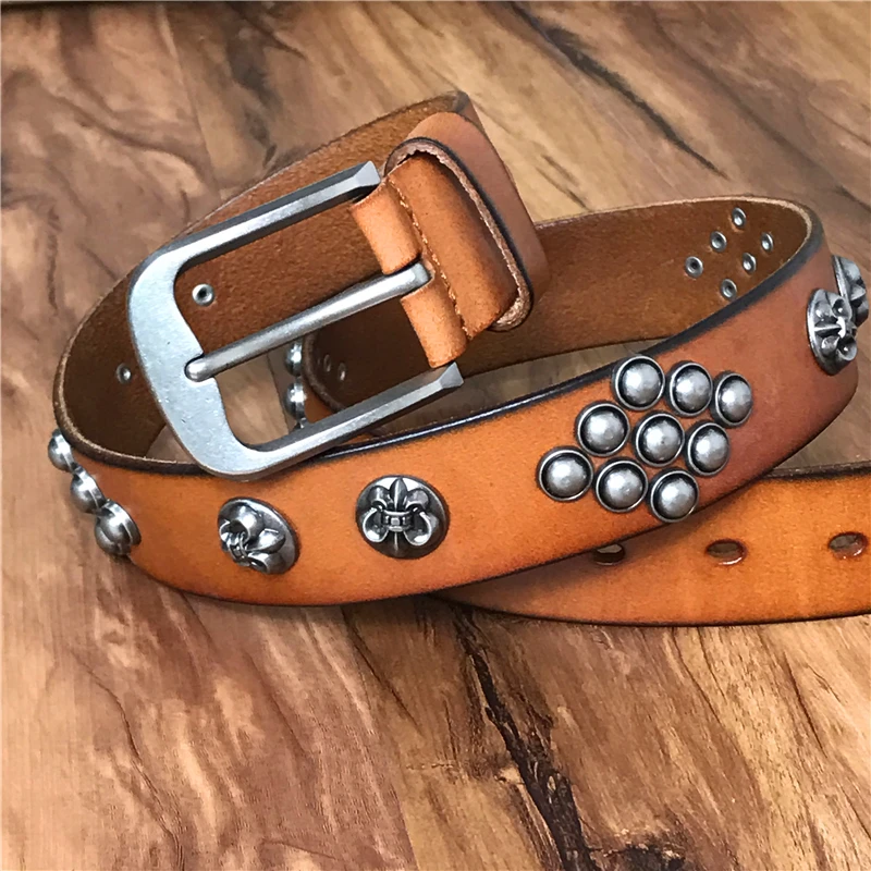 Genuine Leather Cowboy Rivet Belts For Men Jeans Punk Style Heavy Metal