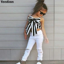 Fashion Baby Girl Summer Clothes Set Toddler Kids Suit 2Pcs Striped Big Bow Top Pants Girls Outfit Cotton Children Clothing