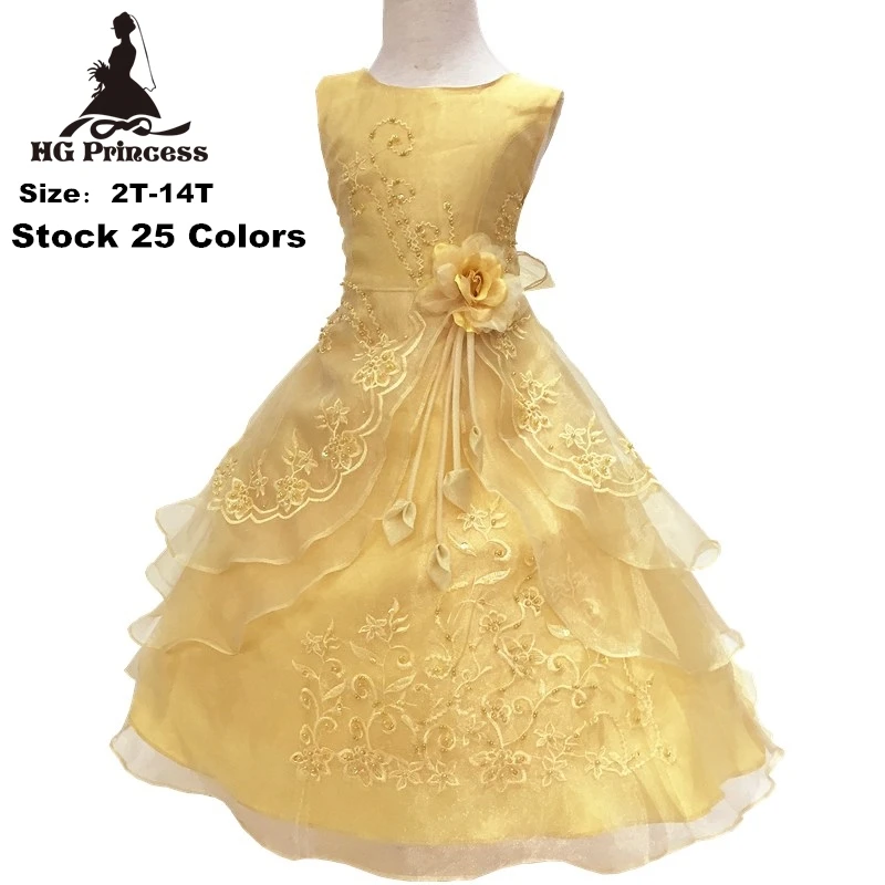 Free Shipping New Arrival Children Party Dress Teenage Kids Evening Gowns Embroidery Gold Flower Girl Dresses For Weddings