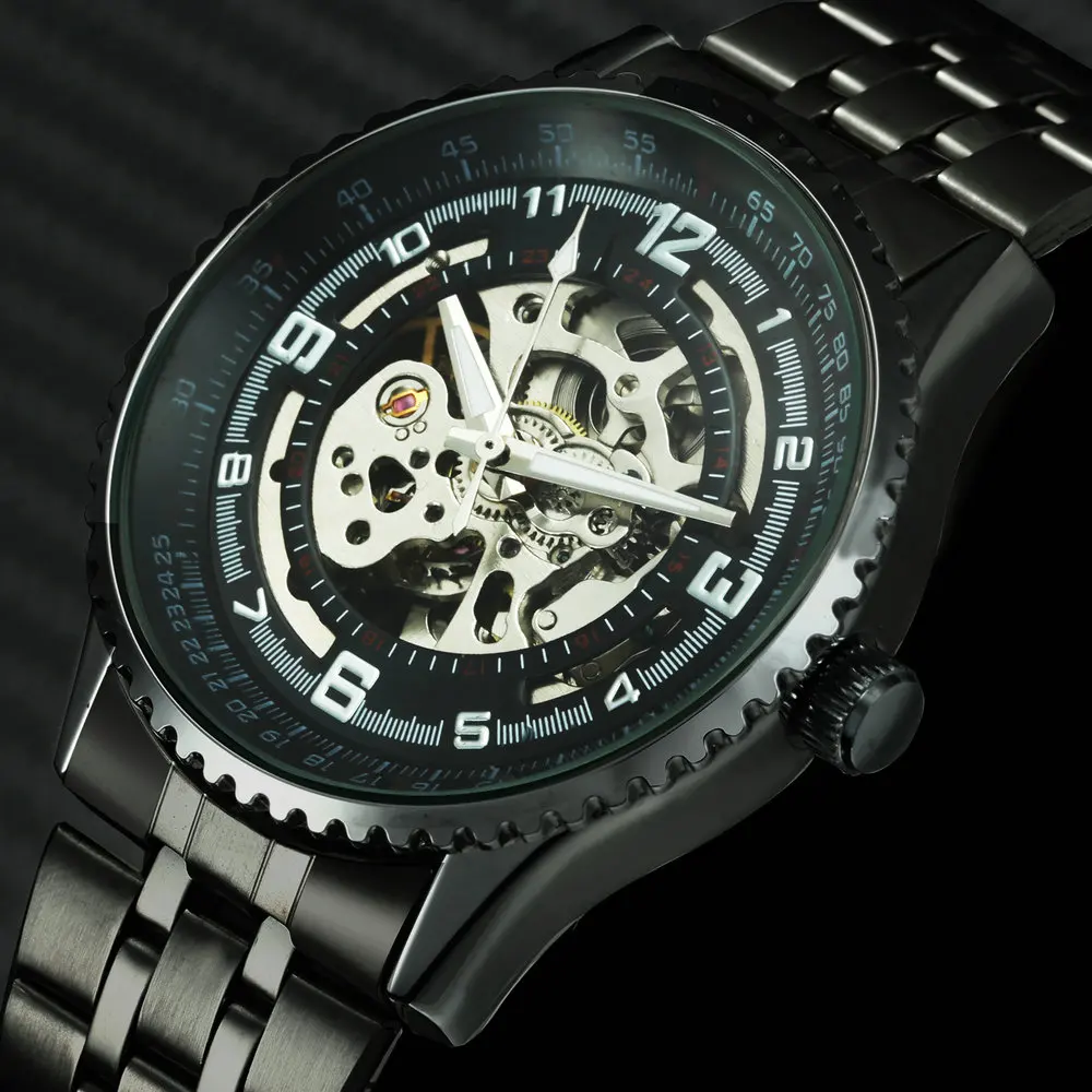 

Top Brand Luxury Automatic Watches Men Skeleton Mechanical Man Watch Stainless Steel Strap Business Black Analog Wristwatch