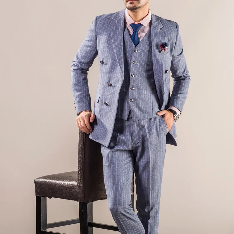 OSCN7 серый двубортный в тонкую полоску на заказ мужской костюм Ретро Шерсть Slim Fit 3 шт. индивидуальный заказ для мужчин повседневное