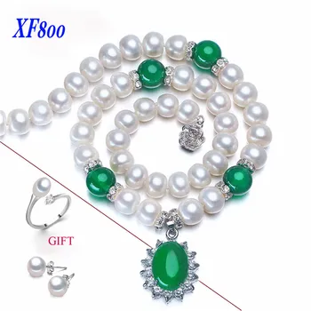 

XF800 Green agate design natural freshwater pearl necklace ,9-10mm high quality pearl chokers necklaces for mother S51