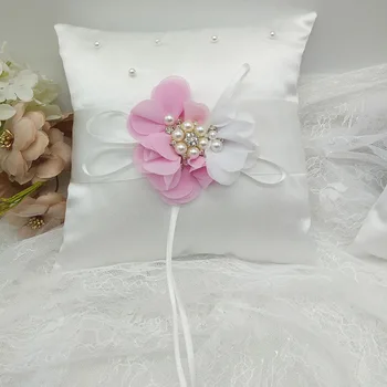 

1pc White Flower Pearl Wedding Ring Pillow Flower Girl Basket Bridal Ring Bearer Cushion Pink/Purple/Royal Blue 20x20cm