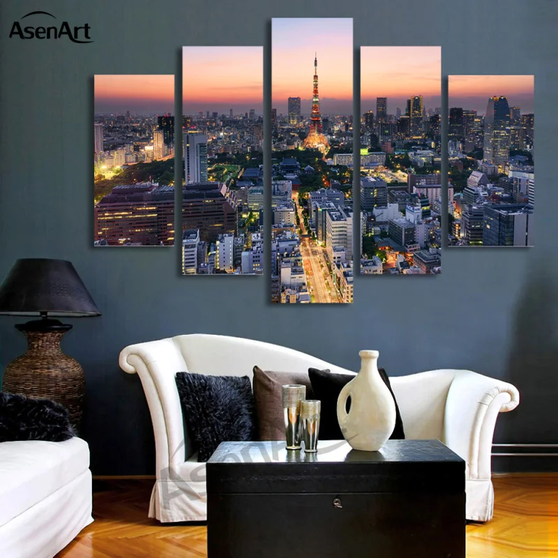 

5 Panel Wall Art Japan Tokyo Tower City Landscape Painting Canvas Prints Artwork Picture for Living Room Unframed