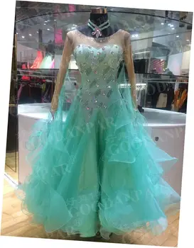 

GOODANPAR Long Sleeve Stretch Mesh Lycra Ballroom Dance Dress Women Ladies With Bodysuit Bra Cup Necklace Competition Dance Wear