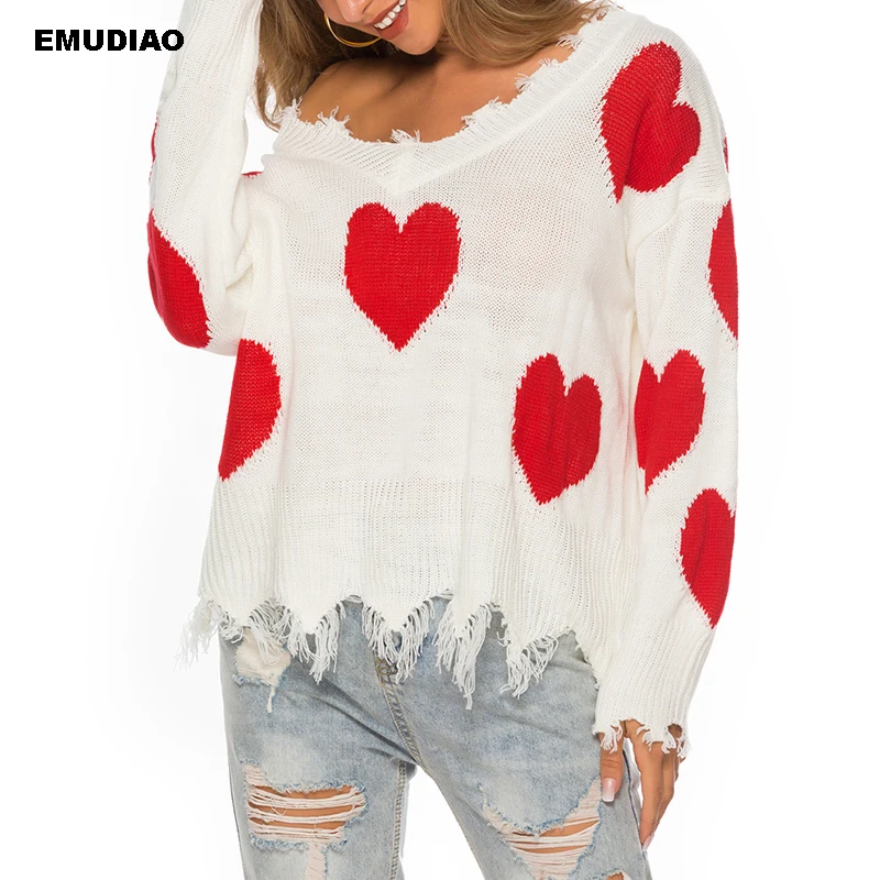

Heart Print Women Sweaters V-neck Long Sleeve Pullovers Knitting Sweater Woman Winter 2019 Autumn Casual Streetwear Pull Femme