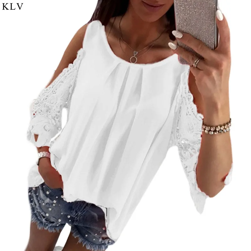 

KLV Women Blouse Shirt Summer Beach Casual Sexy Cold Shoulder Long Sleeves Hollow Out Ladies Mujer Tops Tee
