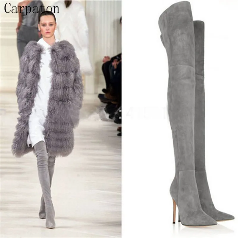 

New Design Pointed Toe Over Knee Boots Winter Genuine Leather Woman Boots Suede Leather High Heel Shoes Sexy Long Boots