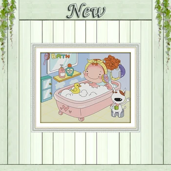 

I love bathing cartoon girl decor paintings counted printed on canvas DMC 14CT 11CT Cross Stitch Needlework Sets Embroidery kits