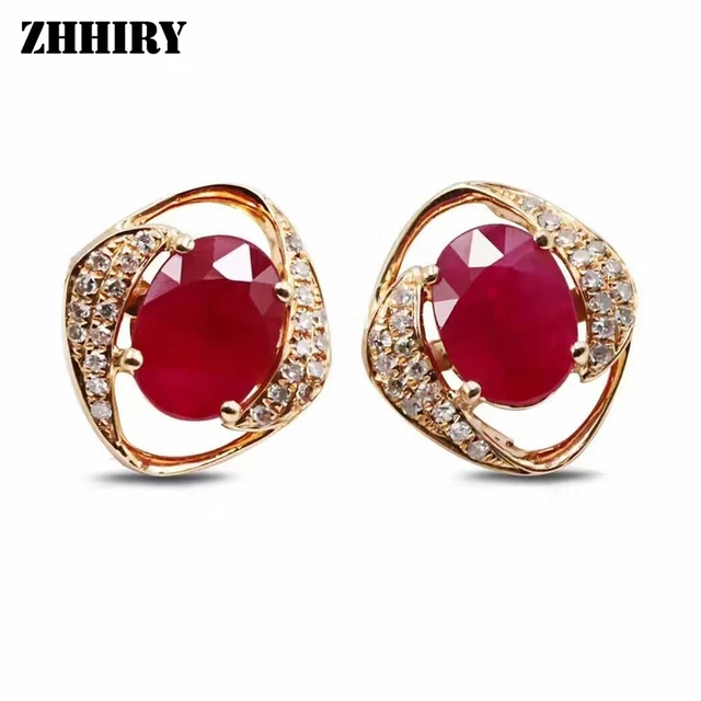 Natural Ruby Gemstone Earring Genuine 18k Rose Gold Real Diamond Natural Ruby Gemstone Earring Genuine 18k Rose Gold Real Diamond Study Earrings Women Fine Jewelry