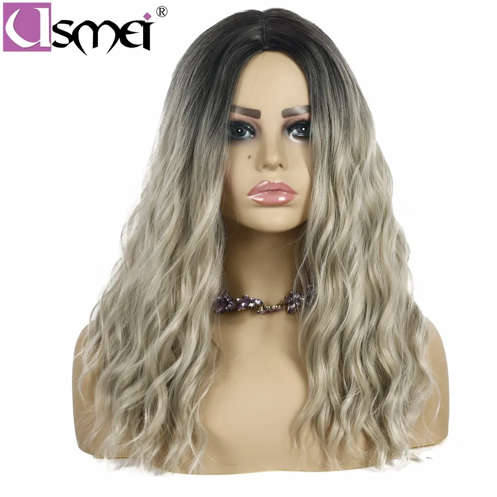 

USMEI 20" medium Long wig wavy Synthetic Wigs For Women root black wig ombre mix wigs cosplay High Temperature Fiber hair wig