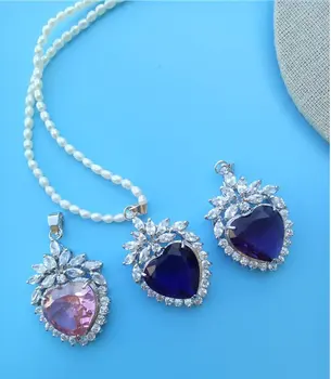 

Unique Pearls jewellery Store White Color 3-4mm Rice Freshwater Pearl Necklace Pink Blue Zirconia Necklace Pendant