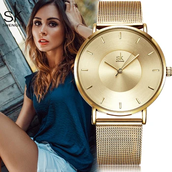 

Shengke SK Fashion Black Women Watch stainless steel Ultra thin Quartz Watch Woman Elegant Dress Ladies Watch Montre Femme Gift