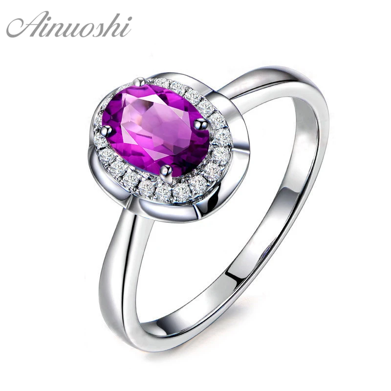 AINUOSHI Natural Amethyst Flower Halo Ring Pure 925 Sterling Silver Gemstone Ring 1.25ct Oval Cut Engagement Jewelry Women Ring