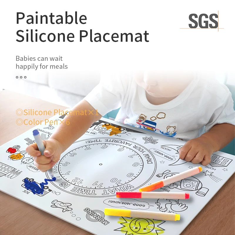 

Reusable Children Silicone Drawing Mat Placemat for kids with 6pcs Water-based Marker Wipeable Doodling Placemat