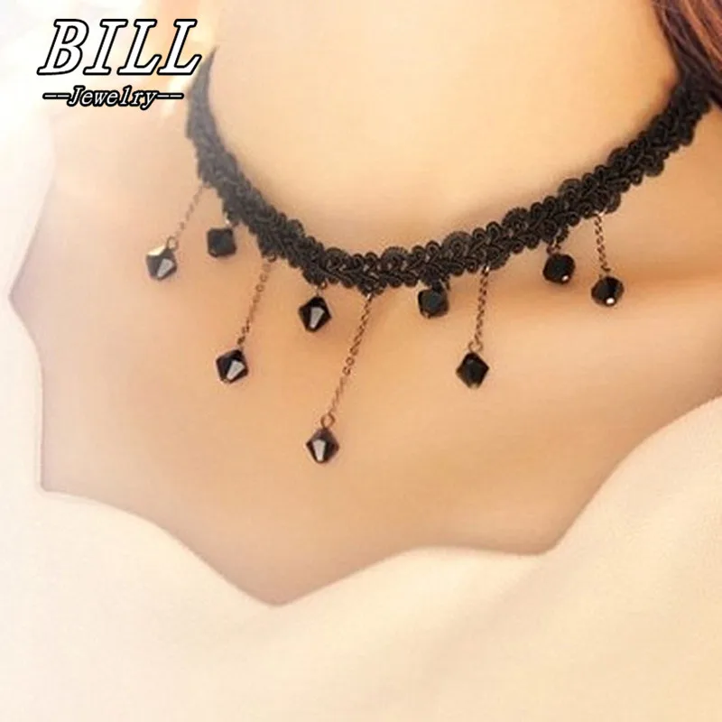 Женское колье с черными бусинами N541 чокер кристаллами на цепочке|accessories