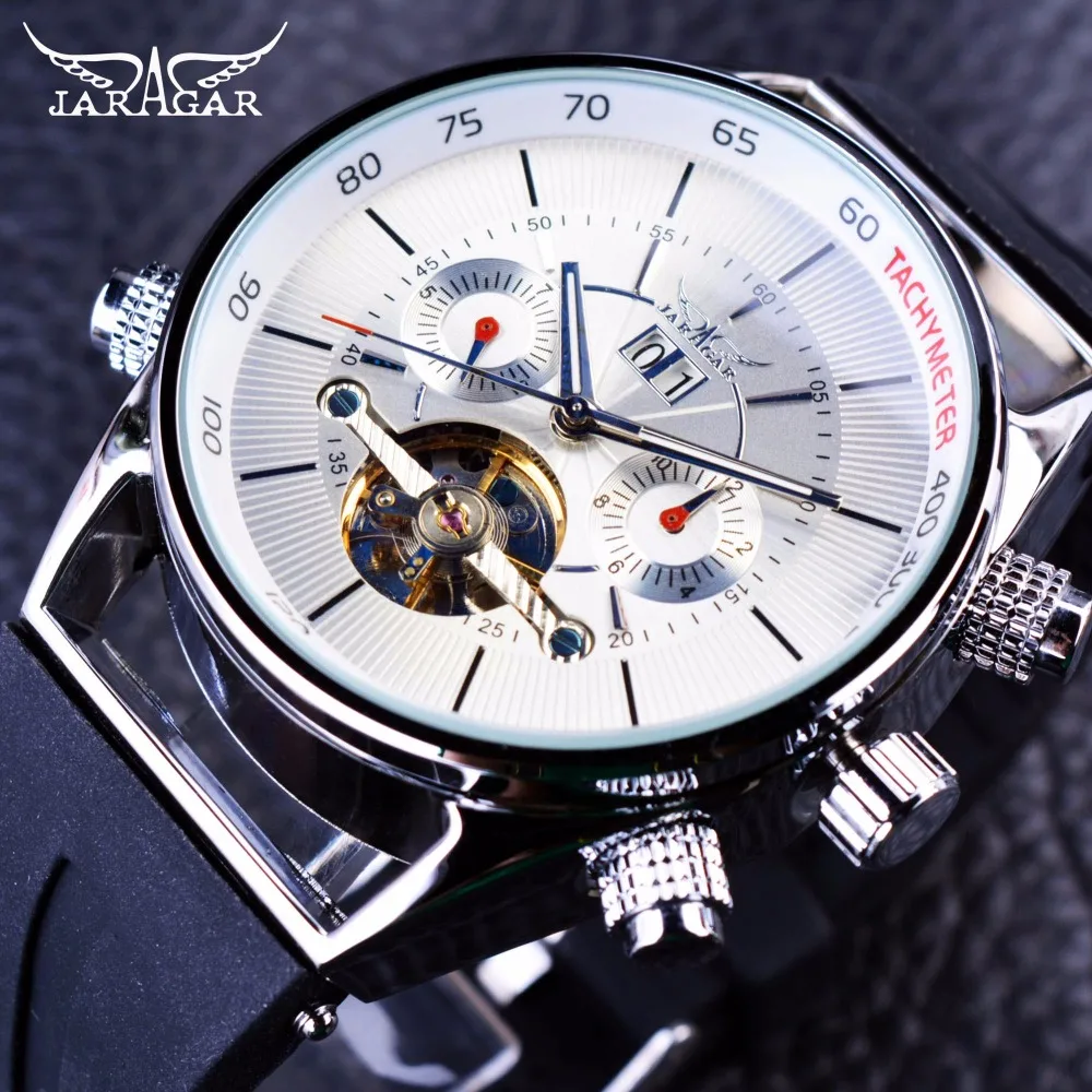 Superior de Luxo Jaragar Relógios Masculinos Marca Automático Moda Esporte Relógio Tubarão Linhas Design Banda Borracha Tourbillion Calendário Exibição