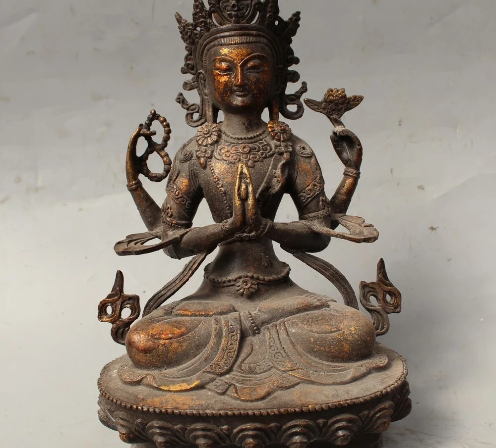 

11" Tibet Buddhism Bronze Gild 4 arms Chenrezig Buddha Avalokiteshvara Kwan-Yin