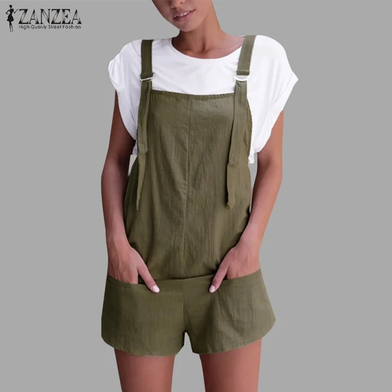 ZANZEA Women Summer Jumpsuits Casual Strappy Pockets Solid Short Rompers Cotton Linen dungarees