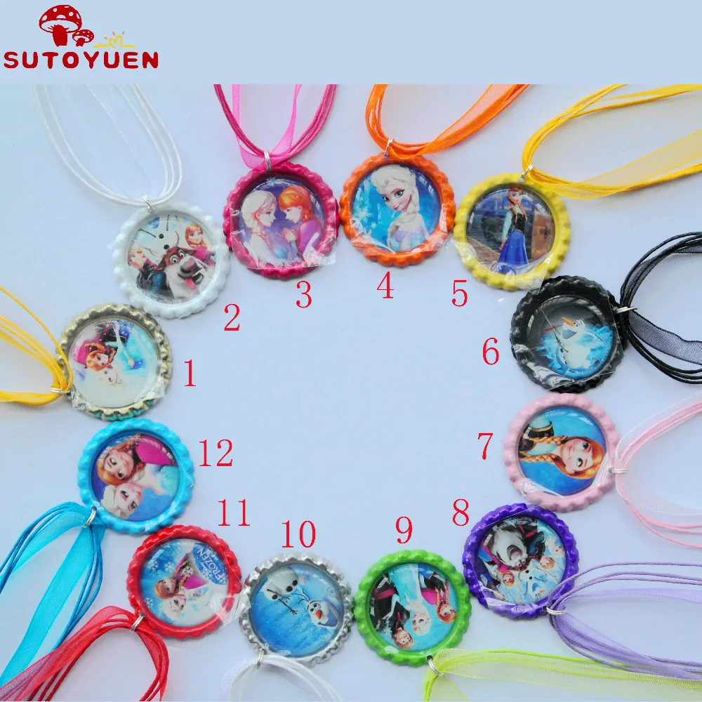 

50pcs/lot 2018 New Arrival Beer Flatten Bottle Caps Princess Anna Elsa Necklace Mix Color Ribbon Cartoon Girls Pendants Necklace