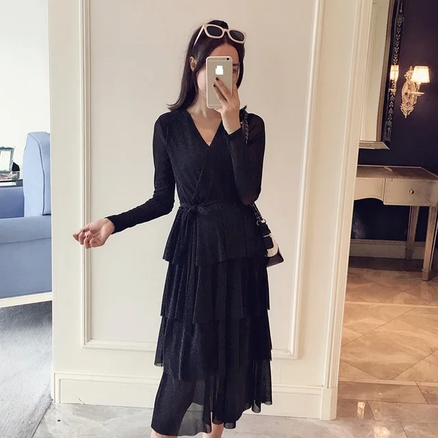 

Hot Sale 2019 Sexy Maternity Dresses V-neck Knee-length Multi-layer Cake Dress Pregnancy Clothes Maternity Clothes For Lady