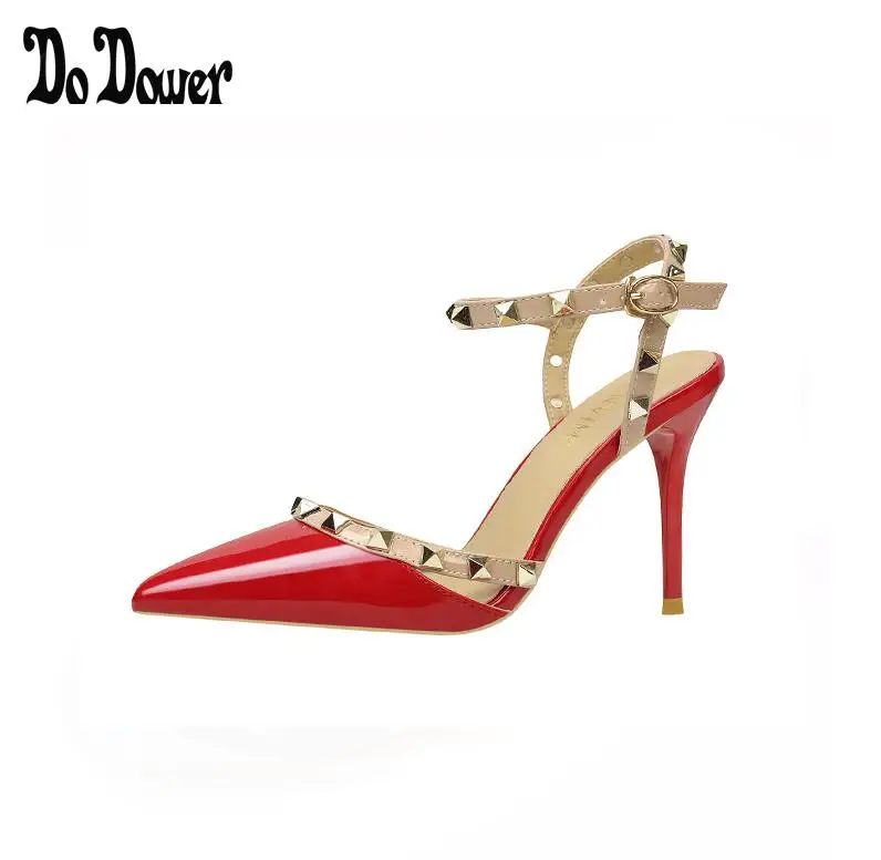 

Designer Pointed Toe with Studs high heels Patent Leather rivets Sandals Women Studded Strappy Dress Shoes valentine NXX84