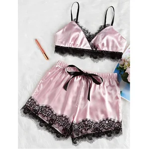 Women's Sexy Lingerie Sleepwear Satin Babydoll Lace Robes Crop Top Short Sleep Pajamas Set