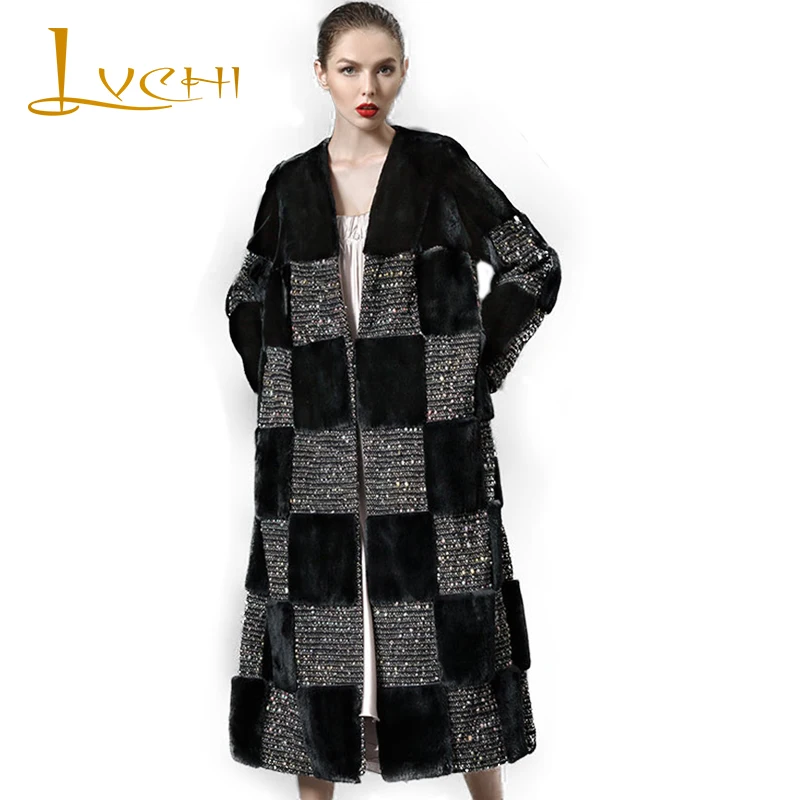 LVCHI Winter2017 лоскутное бриллиантовое пальто из меха норки женское пальто с длинными рукавами карман натуральный мех v-образный вырез х-длинная норка пальто