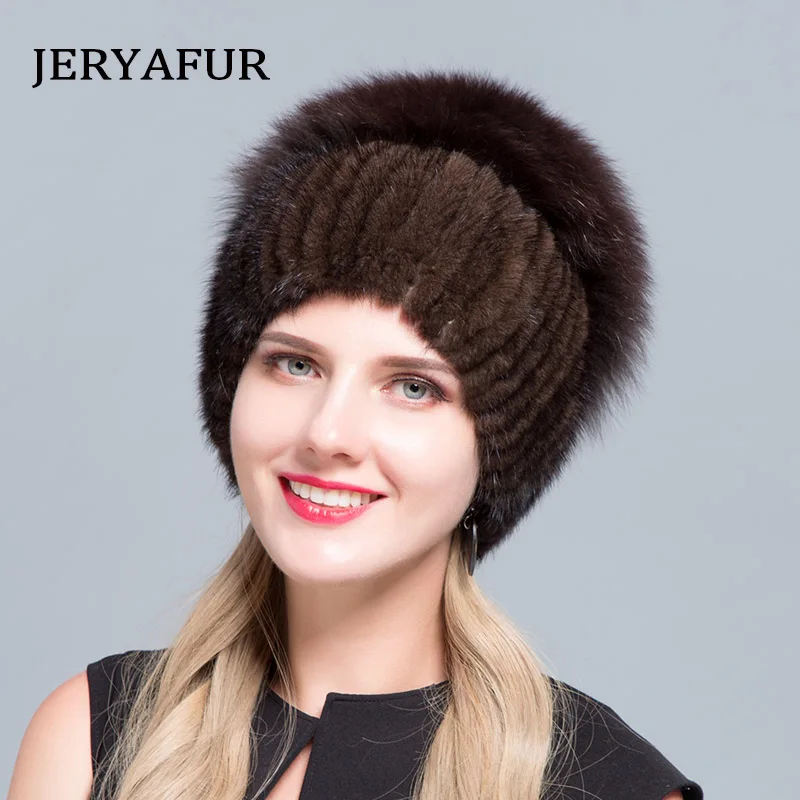 JERYAFUR/ Новая зимняя женская меховая вязаная шапка из шерсти в русском стиле модная норка и шапка из лисьего меха защита для путешествий Лыжная шапка - Цвет: COLOR7