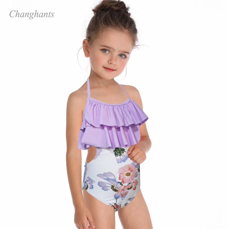 Girl one piece Swimsuit Blue and Purple with flowers print kid swimwear Children bathing suit child summer beach wear