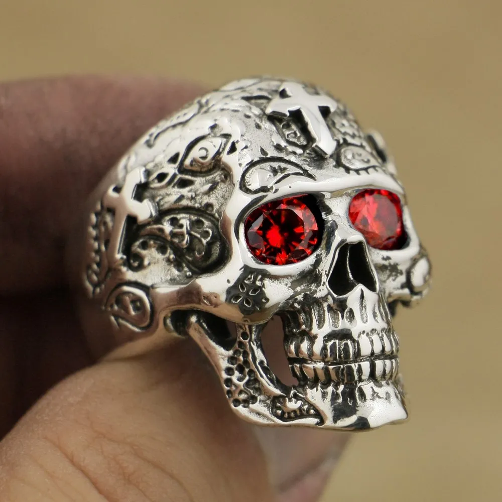 

925 Sterling Silver High Detail Skull Cross Red CZ Eyes Mens Biker Ring TA58A