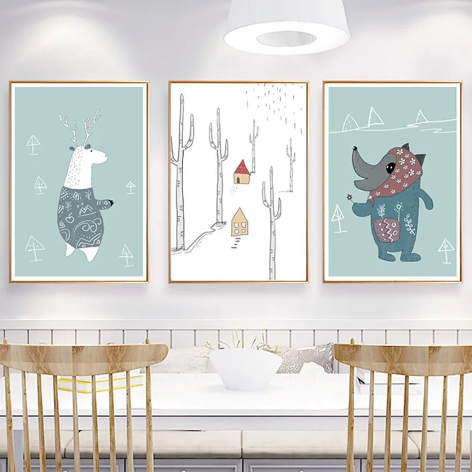 

Cartoon Animals Sweet Nursery Wall Art Nordic Canvas Paintings Poster Print Pictures for Kids Room Home Decorations