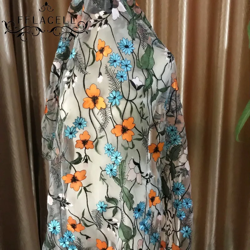 FFLACELL 1 ярд Кружева Многоцветный вышивка ткани завод цветы ручной работы Свадебная юбка платье широкий 140 см