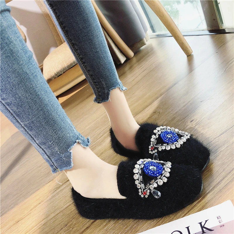 Color mezclado ojo grande rhinestone felpa mocasines Mujer Araña de cristal talón plano alpargatas slip on zapatos|Zapatos planos de mujer| - AliExpress