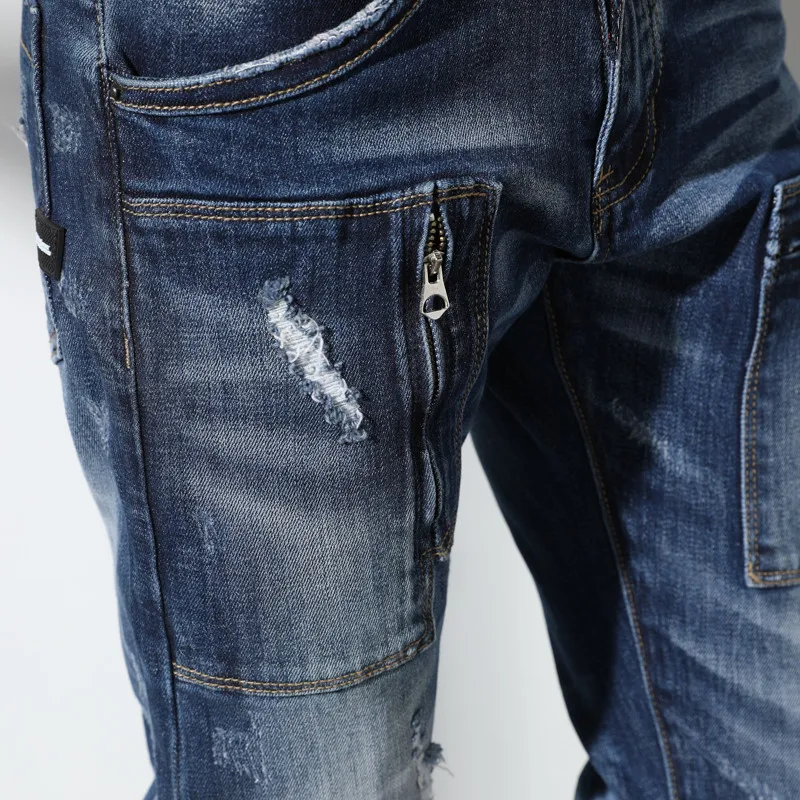 Европейцы Стиль человек тонкий рваные джинсы Для мужчин Тощий молнии джинсовые штаны мужские Street Wear Quatliy Байкер промотор дизайнерские