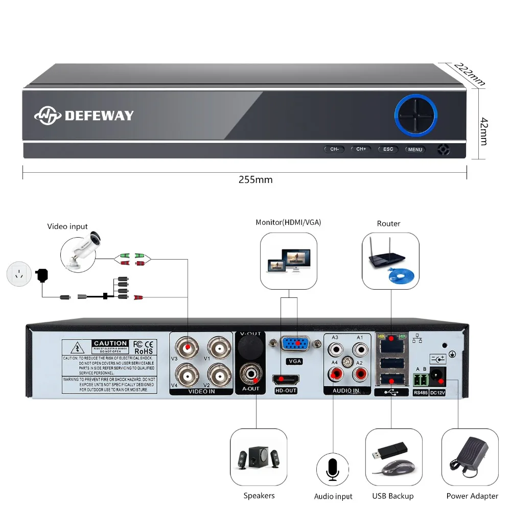 DEFEWAY 1080P 2000TVL HD Home Security Camera System 4CH CCTV Video Surveillance DVR Kit AHD 4 Camera Set with 1000G Hard Stick