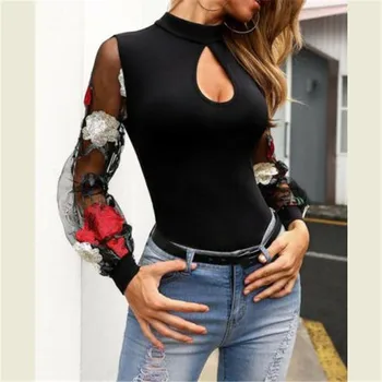 

Women See Sheer Sleeve Bodysuit Stretch Leopard Tops Romper Jumpsuit Playsuit Floral Print Long Sleeve Jumpsuits Sunsuits New