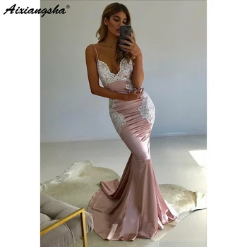 

Sexy 2019 Prom Dresses Mermaid Spaghetti Straps Appliques Lace Long Prom Gown Open Back Evening Party Dress Robe De Soiree