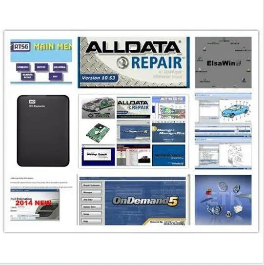 Tanie 2019 Alldata mitchell na żądanie oprogramowanie wszystkie dane 10.53 + mitchell na żądanie 2015 + ElsaWin + żywy warsztat + atsg 24 w 1tb hdd usb3.0
