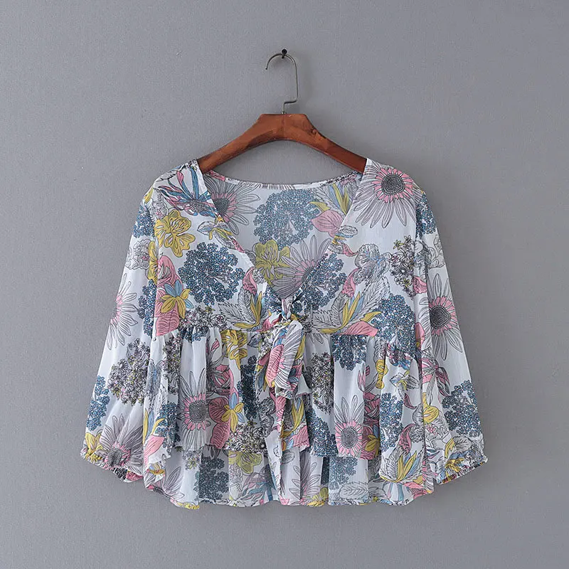 

2019 new women sweet v neck front knotted floral print casual blouse ruffles shirts women chic blusas retro chemise tops LS3560