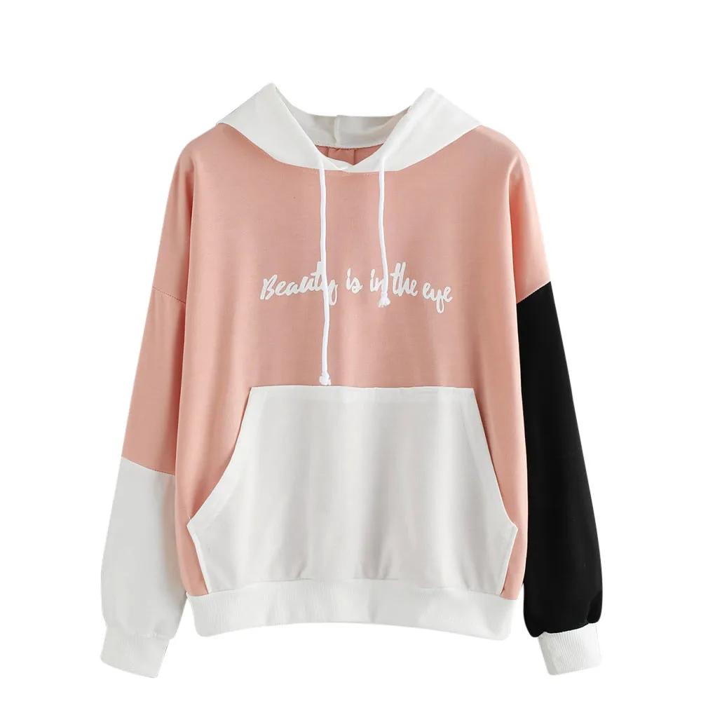 

Women Hoodies Color Block Patchwork Harajuku Long Sleeve Letter Printing Hooded Sweatshirt Autumn Casual Pullover Hoodies #33